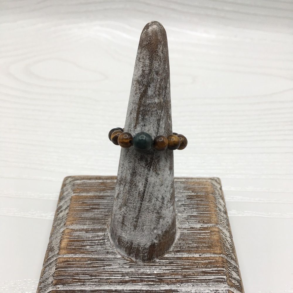 HANDCRAFTED Tiger Eye & Moss Agate Stretch Bead Ring